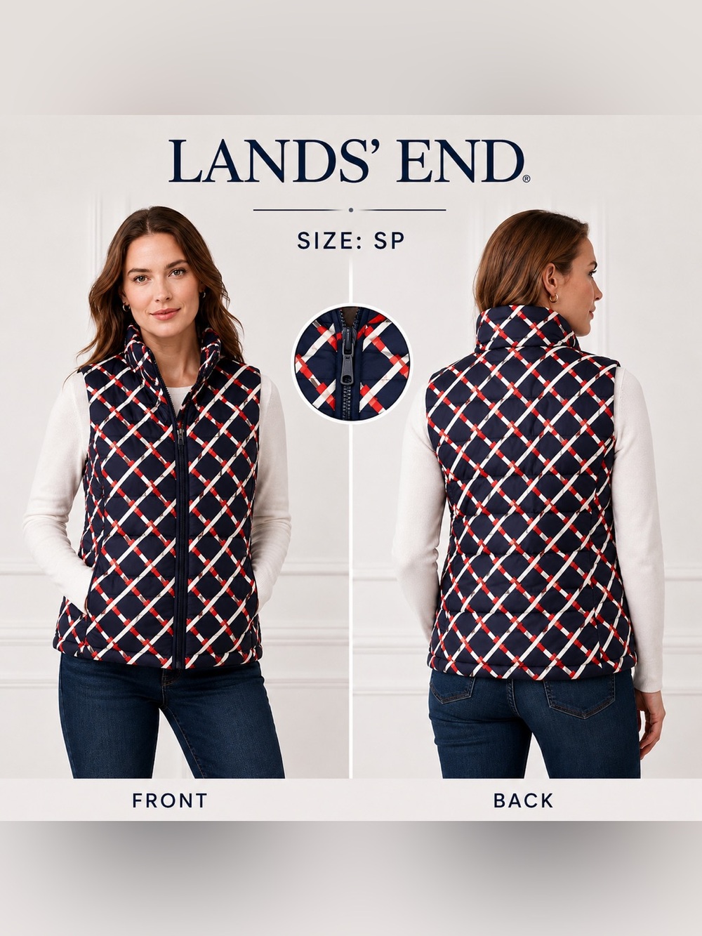 Lands’ End Quilted Puffer Vest Women’s SP Navy Red White Full Zip Pockets